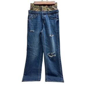 Fashion Nova High Rise Camo Waist Wide‎ Leg Distressed Blue Jeans Size 1 Y2K